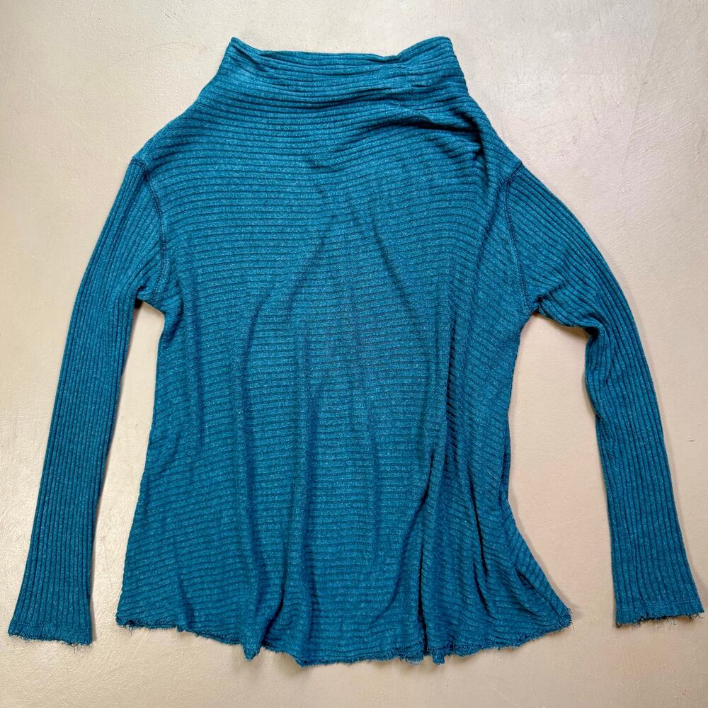 We The Free Ribbed Cowl Neck Top Blue Long Sleeve Boho Tunic Size S